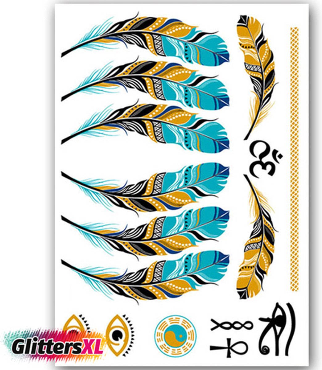 GlittersXL - Temporary Tattoo Goud/Gold (11x6cm) [Neptattoo Ibiza Turquoise - Tijdelijke tatoeage - Nep Fake Tattoos - Water overdraagbare festival sticker henna outfit tattoo - Glitter tattoo - Volwassenen Kinderen Jongen Meisje]